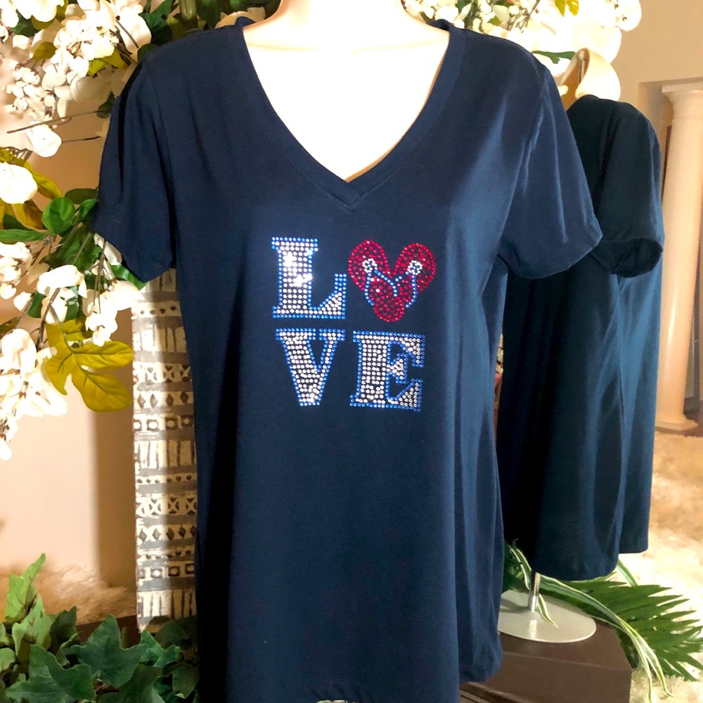 Bling Rhinestone Navy V-neck T-shirt - Love